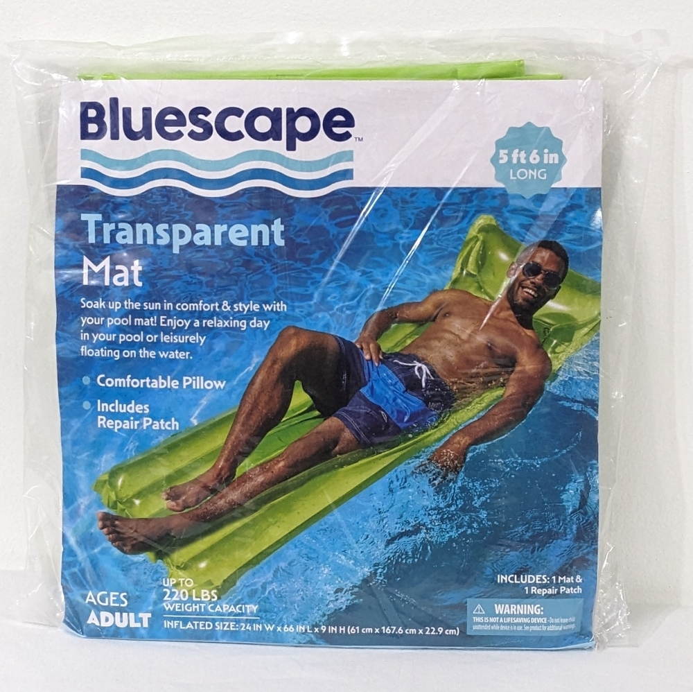 NEW Green Adult Inflatable Pool Float, Transparent Air Mat, 5 ft 6 in long
